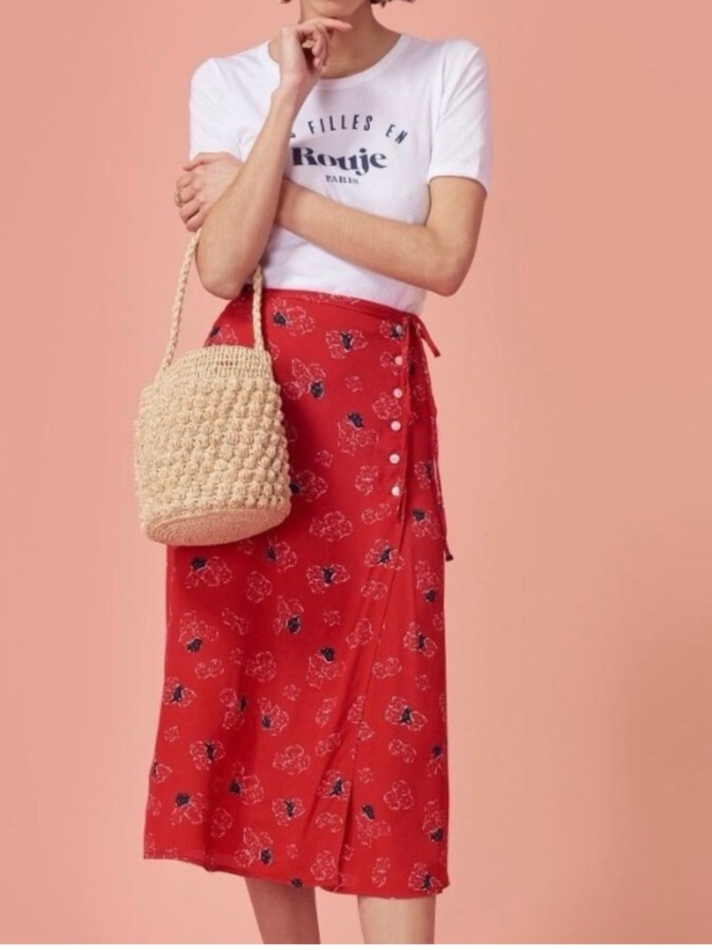 Rouje GLORIA Midi Wrap Skirt | red and black | Size small